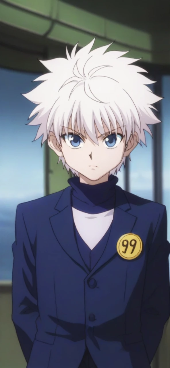score_9, score_8_up, score_7_up, score_6_up, score_5_up, score_4_up, BREAK source_anime, (best quality:1.1), (masterpiece:1.4), looking at viewer, upper body, depth of field, 1boy, solo, male focus, killua_zoldyck, white hair, blue eyes, blazer, , science fiction cyber-thriller, Hands on the back of the neck, indicating frustration or stress,
