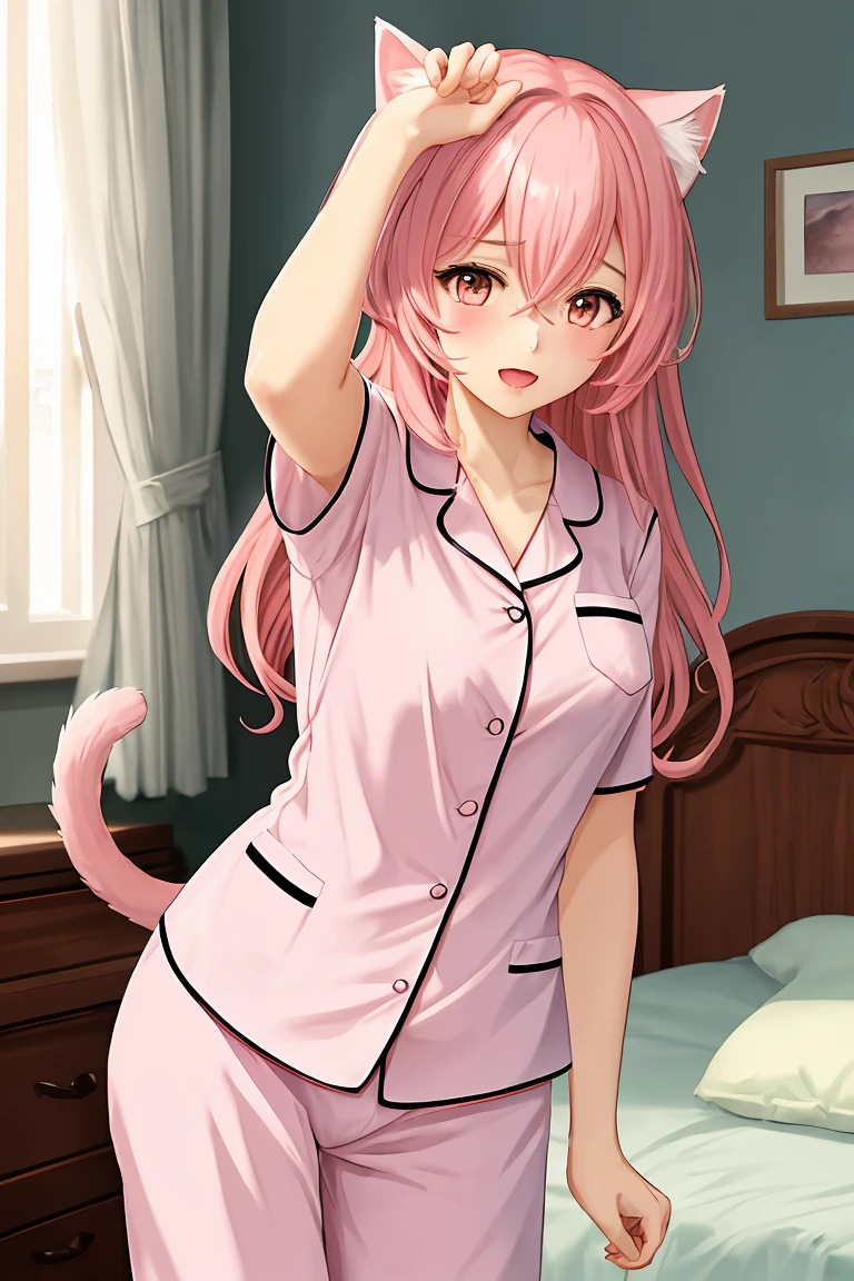 score_9,score_8_up,score_7_up,masterpiece, top quality, best quality, official art, beautiful and aesthetic, animation, , 1girl with cat ear, perfect figure, pink hair, complicated details, bedroom, rubbing eyes, wagging tail, wearing pajamas, long pink hair ,