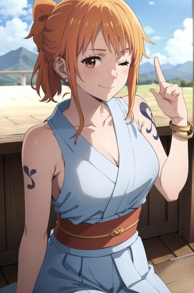 2d, masterpiece, best quality, anime, highly detailed face, highly detailed background, perfect lighting, wano, nami, 1girl, solo, one eye closed, long hair, smile, jewelry, sash, japanese clothes, obi, orange hair, kimono, bow,  naked nude, flower, flower print, earrings, looking at viewer, sleeveless kimono, ahoge, ribbon, hair bow, sky, day, bracelet, sleeveless, ;\), blue bow, outdoors, breasts, cloud, closed mouth, ponytail, blue sky, brown eyes, orange eyes, left shoulder tattoo, bare shoulders, very long hair, sidelocks, bangs, collarbone, upper body, left arm tattoo, bare arms, official alternate costume, blurry, hand gesture, alternate costume, medium breasts, blurry background, large breasts, eyelashes, mountain, parody, cloudy sky, sitting, shiny hair, bangle, wavy hair, naked nude