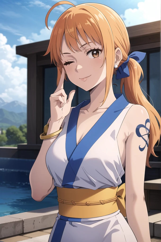 2d, masterpiece, best quality, anime, highly detailed face, highly detailed background, perfect lighting, wano, nami, 1girl, solo, one eye closed, long hair, smile, jewelry, sash, japanese clothes, obi, orange hair, kimono, bow,  naked nude, flower, flower print, earrings, looking at viewer, sleeveless kimono, ahoge, ribbon, hair bow, sky, day, bracelet, sleeveless, ;\), blue bow, outdoors, breasts, cloud, closed mouth, ponytail, blue sky, brown eyes, orange eyes, left shoulder tattoo, bare shoulders, very long hair, sidelocks, bangs, collarbone, upper body, left arm tattoo, bare arms, official alternate costume, blurry, hand gesture, alternate costume, medium breasts, blurry background, large breasts, eyelashes, mountain, parody, cloudy sky, sitting, shiny hair, bangle, wavy hair, naked nude