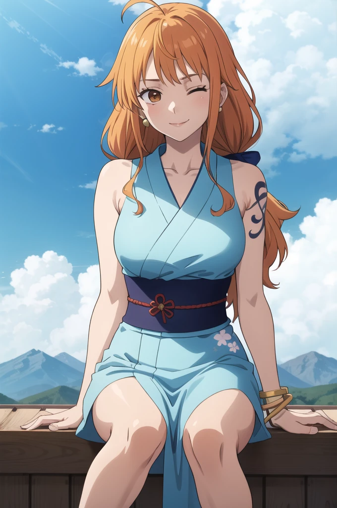 2d, masterpiece, best quality, anime, highly detailed face, highly detailed background, perfect lighting, wano, nami, 1girl, solo, one eye closed, long hair, smile, jewelry, sash, japanese clothes, obi, orange hair, kimono, bow, naked nude, flower, flower print, earrings, looking at viewer, sleeveless kimono, ahoge, ribbon, hair bow, sky, day, bracelet, sleeveless, ;\), blue bow, outdoors, breasts, cloud, closed mouth, ponytail, blue sky, brown eyes, orange eyes, left shoulder tattoo, bare shoulders, very long hair, sidelocks, bangs, collarbone, upper body, left arm tattoo, bare arms, official alternate costume, blurry, hand gesture, alternate costume, medium breasts, blurry background, large breasts, eyelashes, mountain, parody, cloudy sky, sitting, shiny hair, bangle, wavy hair, naked nude