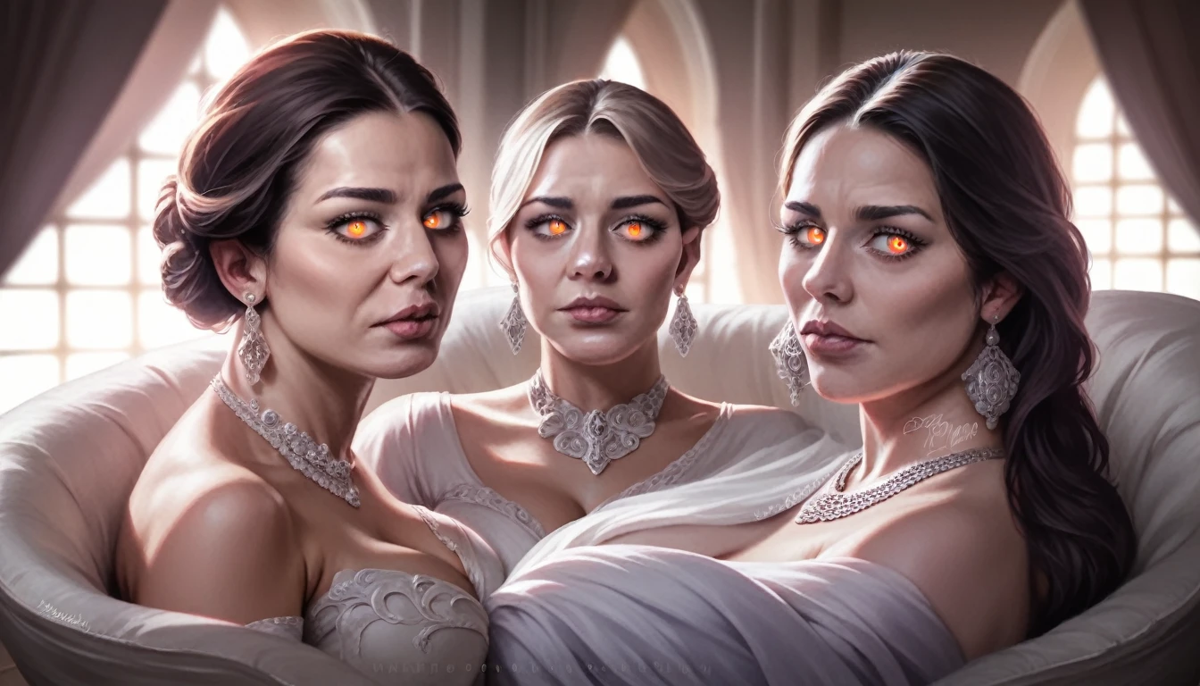 a group of women lounging in a brothel lobby, beautiful detailed eyes, beautiful detailed lips, extremely detailed eyes and face, long eyelashes, elegant dresses, luxurious interior, ornate furnishings, dramatic lighting, (best quality,4k,8k,highres,masterpiece:1.2),ultra-detailed,(realistic,photorealistic,photo-realistic:1.37),dramatic chiaroscuro lighting, moody atmosphere, oil painting, cinematic