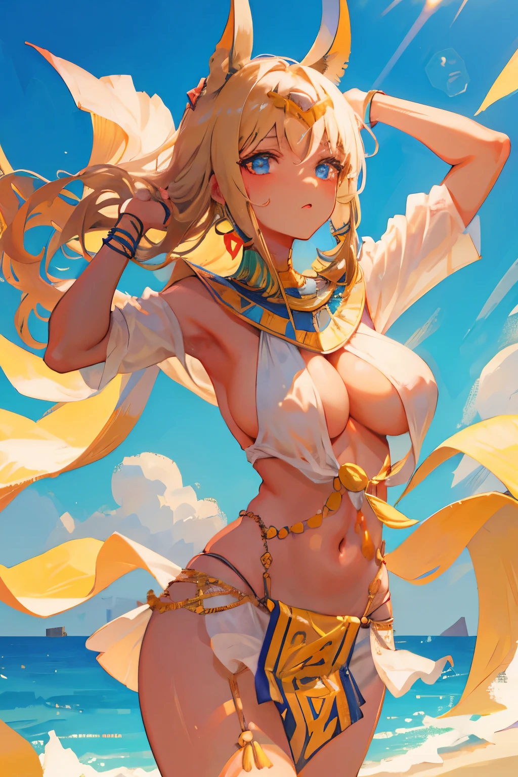 1girl, tan skin, Egypt, Ancient Egypt clothes, sexy, big breast, outdoor, sunny, windy