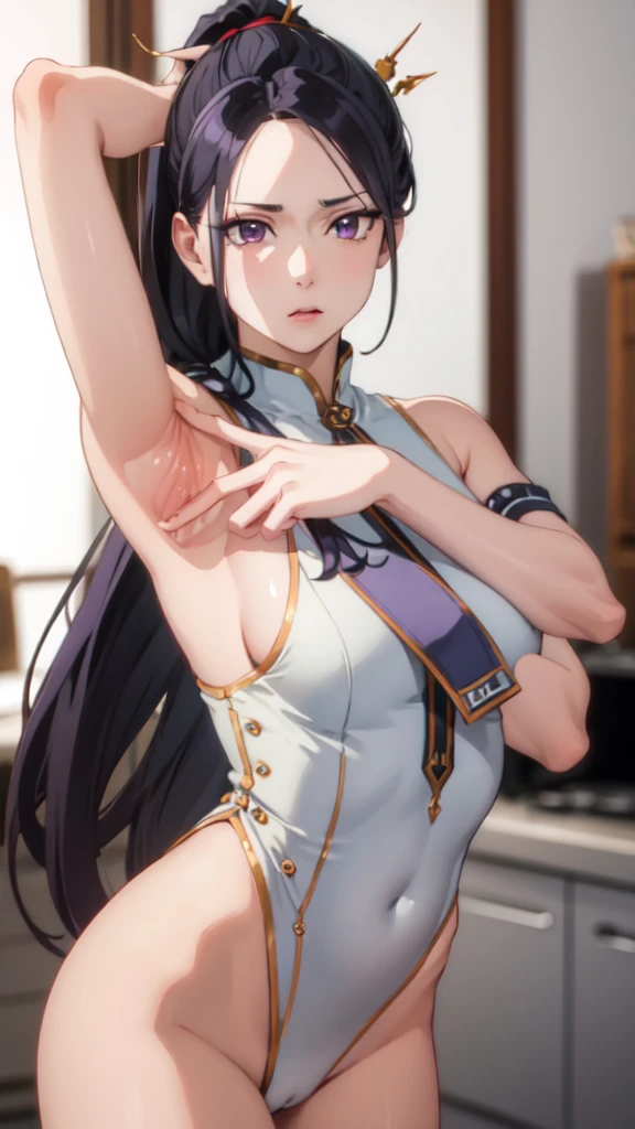 photorealistic, (4k), depth of field, (Masterpiece), (realistic skin texture), extremely detailed, intricate, hyper detailed, professional photography, bokeh, high resolution, sharp detail, best quality, woman, long hair, black hair, ponytail, hairpin, purple eyes, (((naked))), looking at viewers eyes, ((armpit_spread)), nsfw, annoyed