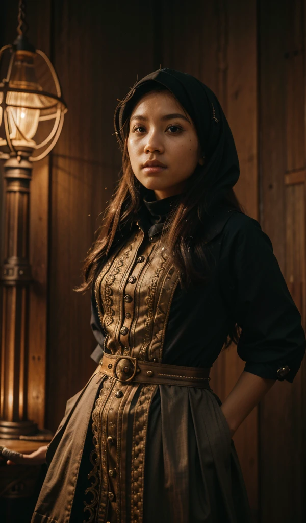 Craft a photorealistic scene of a Malay girl in hijab as an intrepid explorer in a steampunk world. Showcase intricate gears, Victorian-inspired fashion, and a sense of adventure in this alternate reality, 8mm lens, Extreme close-up, pastel color grading, depth of field cinematography effect, film noir genre, 8k resolution, high quality, ultra detail,