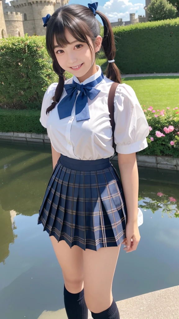 Japanese, brown eyes, smiling, high school girl, black hair, pigtails, blue ribbon hair ornament, large breasts, white Y-shirt, blue bow tie on collar, plaid pleated skirt, black socks, dark brown loafers, fantasy world, blue sky and white cumulonimbus clouds, waterway in front of an old castle, lily garden 