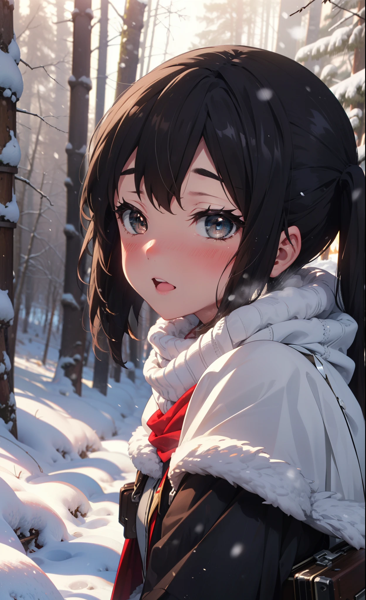 teeth, Azusa Nakano, Black Hair, (Brown eyes:1.5), Long Hair, ,Twin tails,smile,smile,blush,White Breath,
Open your mouth,snow,Ground bonfire,, Outdoor, boots, snowing, From the side, wood, suitcase, Cape, Blurred, , forest, White handbag, nature, Squat, Mouth closed, Cape, winter, Written boundary depth, Black shoes, red Cape break looking at viewer, Upper Body, whole body, break Outdoor, forest, nature, break (masterpiece:1.2), Highest quality, High resolution, unity 8k wallpaper, (shape:0.8), (Beautiful and beautiful eyes:1.6), Highly detailed face, Perfect lighting, Highly detailed CG, (Perfect hands, Perfect Anatomy),