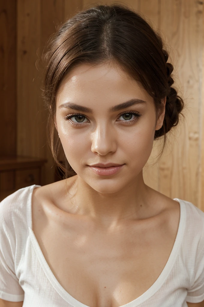 1. **Face Shape:**
 - Oval, with proportional forehead and chin.
 - Slightly prominent cheekbones.

2. **Eyes:**
 - Large and expressive, color that appears to be green or hazelnut.
 - Well-defined, dark and slightly arched eyebrows.

3. **Nose:**
 - Straight and proportional to the face, with a soft bridge.

4. **Mouth:**
 - Full, well-defined lips.
 - Natural lip color is a soft pinkish tone.

5. **Skin:**
 - Smooth, clear and uniform tone, without visible stains or significant imperfections.

6. **Hair:**
 - Blonde, medium length, tied in a high bun.
 - Loose strands frame the face.

7. **Clothing:**
 - Wear a white top with puffed sleeves and a tie detail at the front.
 - Bottom part matching the top, appearing to be a light and airy set.

8. **Body:**
 - Curvy silhouette, with prominent bust.
 - Erect and confident posture.

9. **Makeup:**
 - Light and natural, highlighting the eyes with a soft shadow and mascara.
 - Skin with a natural finish, without appearing excessively made up.

10. **Facial Expression:**
 - Slightly smiling, conveying a feeling of tranquility and friendliness.

11. **Environment:**
 - Indoor environment, decorated with wooden furniture and green details.
 - Abundant natural light, creating a bright and pleasant atmosphere.