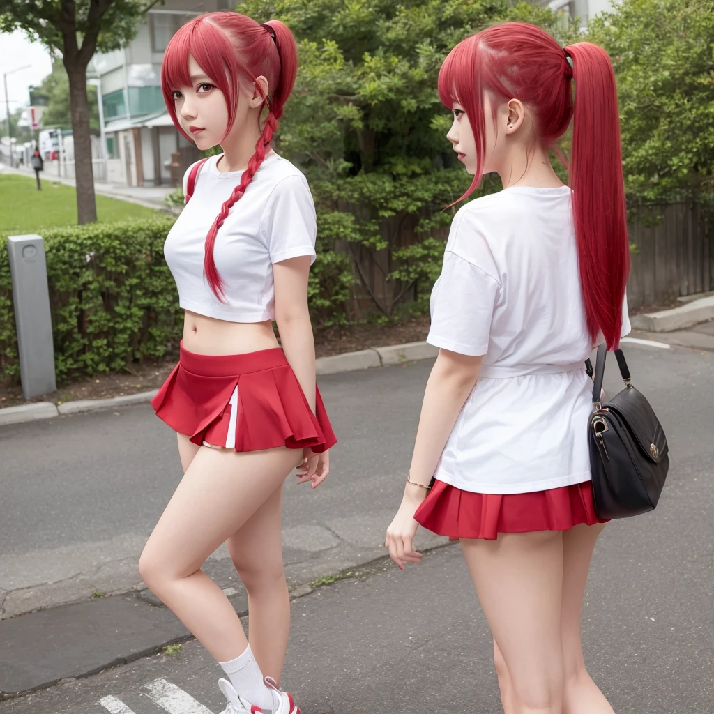 young woman, short skirt, Anime, panties visible, red and white gradient hair,Twin Tail, girl's clothes match her hair color.