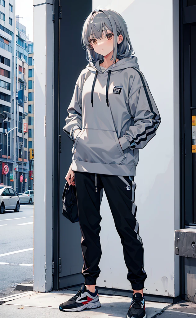 Girl,Gray hair,Standing,whole body。Grey Hoodie,Brown trousers,sports shoes。individual。division
