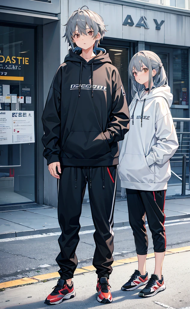 Girl,Gray hair,Standing,whole body。Grey Hoodie,Brown trousers,sports shoes。individual。division