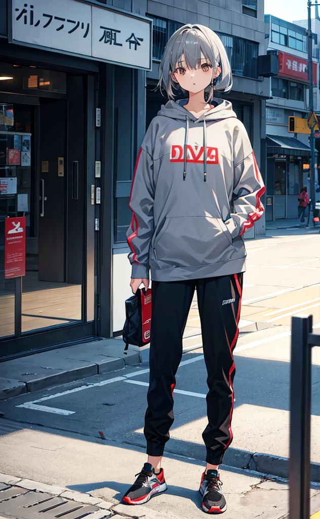 Girl,Gray hair,Standing,whole body。Grey Hoodie,Brown trousers,sports shoes。individual。division