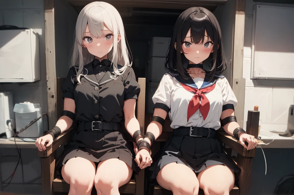 3 girls, ((squeezed together, inside tiny cube, strapped to chairs)), (sitting:1.5), (bondage chair:1.5), (blushing:1.5), ((basement, metal room)), (((3 girls, group of girls))), (inside torture room, tightly packed), arms to sides , wrist cuffs, ankle cuffs, (((shocked expression, struggling))), ((short sleeve,  sailor uniform, tight clohing)), arms to sides, long hair, dark hair, saphire eyes, perfect body, perfect face, detailed face, detailed eyes, 16K