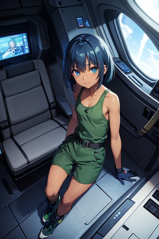 Anime Art、Full body portrait、Inside the spaceship、A dark-skinned woman, about 155cm tall, around , wearing a tank top and a dark green jumpsuit、Happy expression、Blue Eyes、Short medium hairstyle、Blue Hair、gloves、sports boots、Flat chest