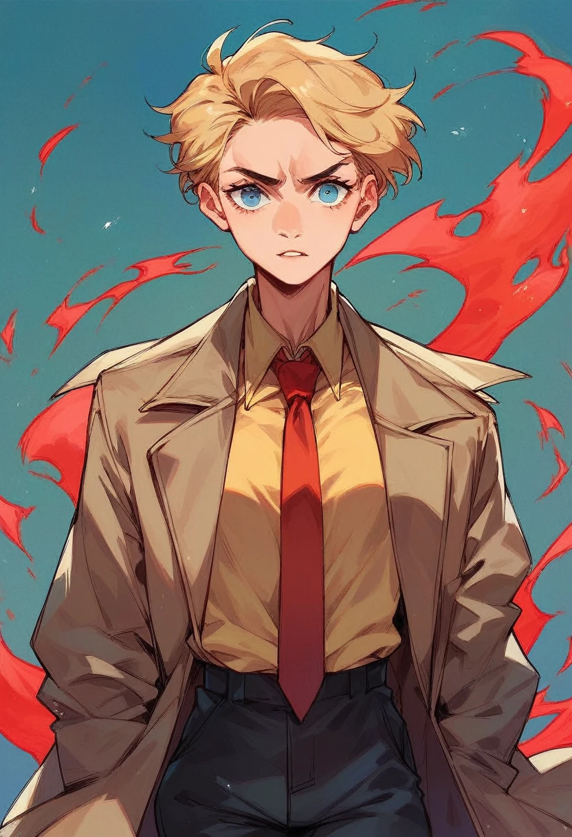 female John Constantine, short blonde hair, blue eyes, trench coat, red tie, yellow magic, white button up shirt, black pants