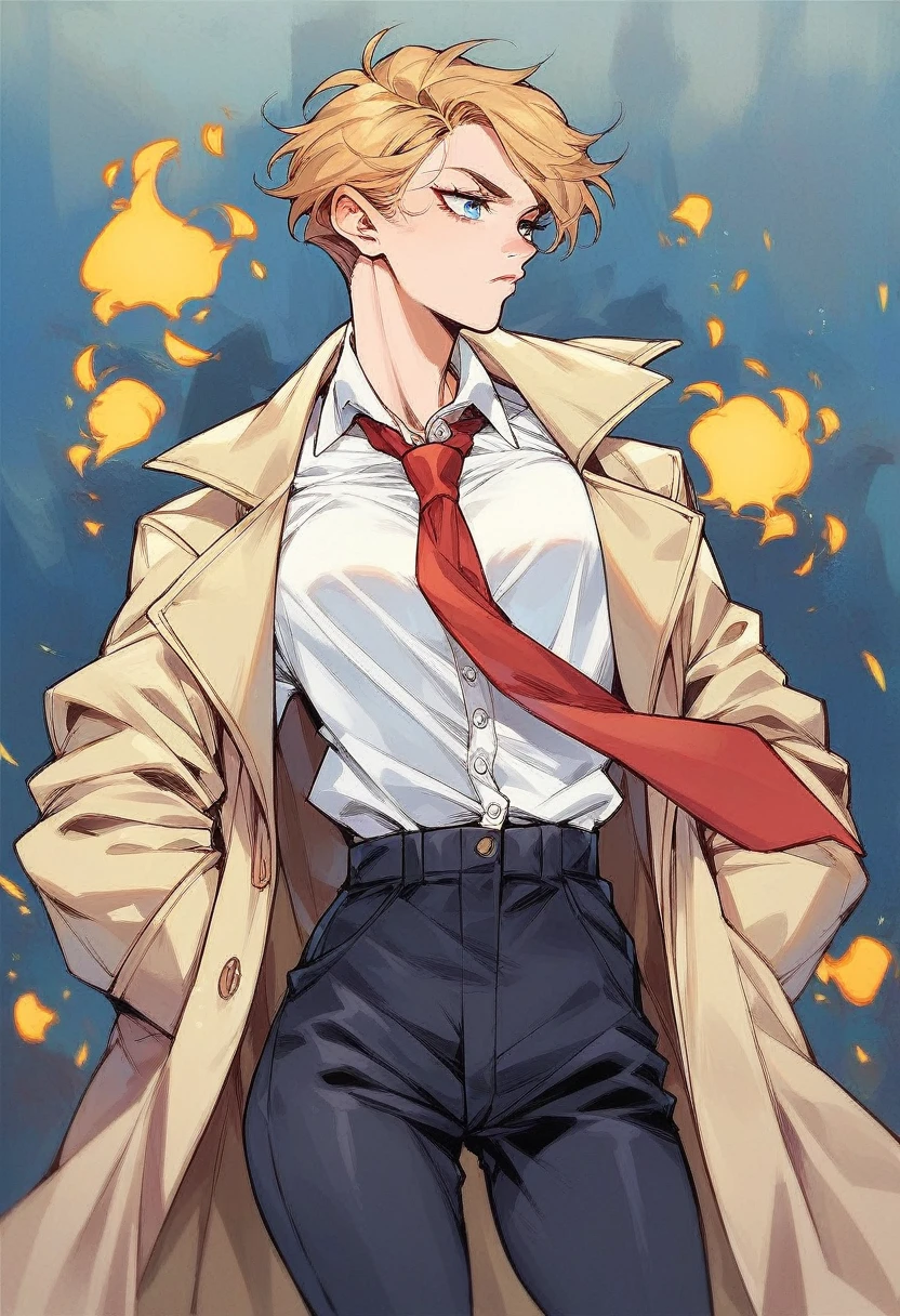 female John Constantine, short blonde hair, blue eyes, trench coat, red tie, yellow magic, white button up shirt, black pants