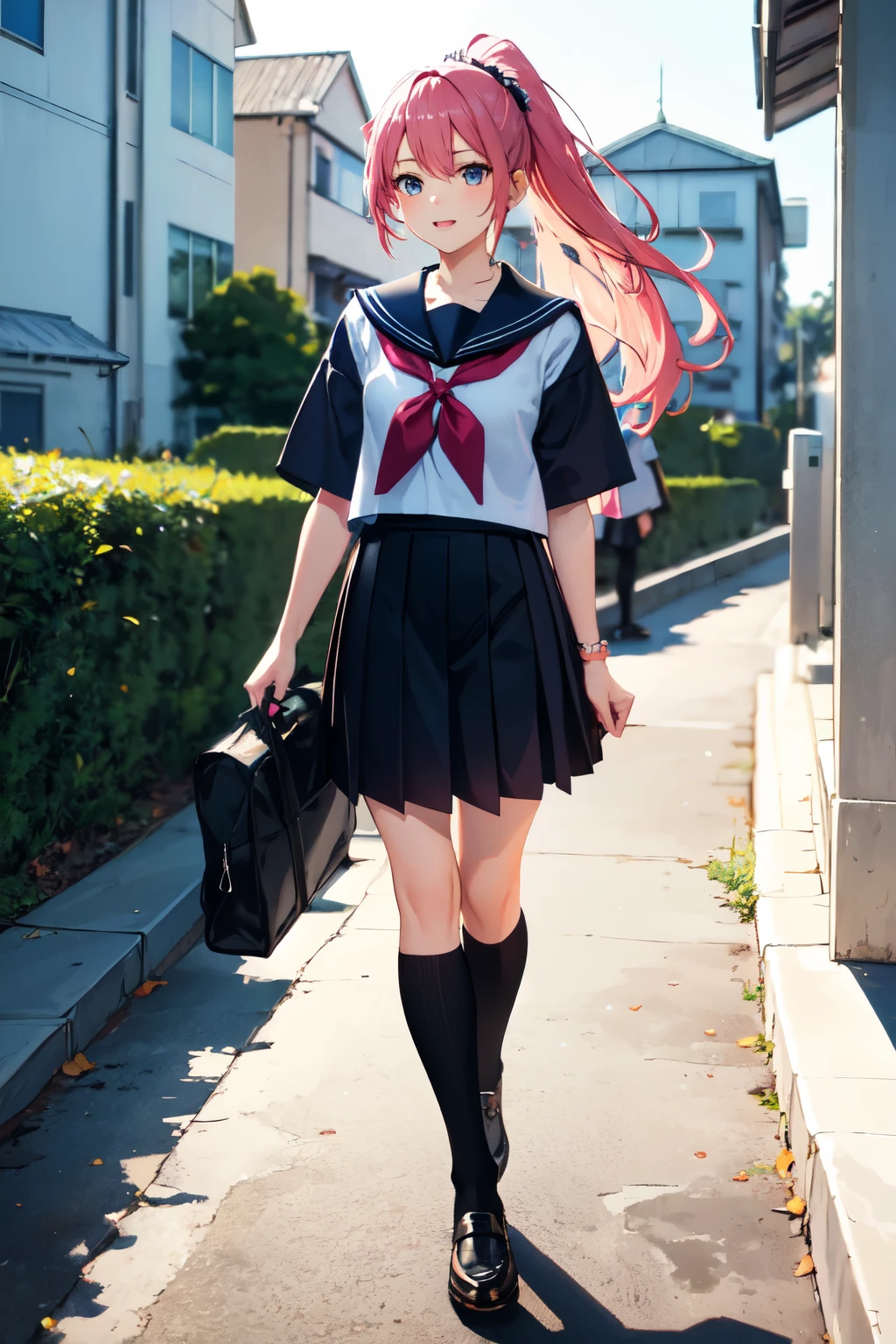 ((best quality)), ((masterpiece)), (detailed), 1girl, sexyA cheerful anime girl with long, flowing pink hair styled in a ponytail is walking home from school. She wears a sailor uniform.