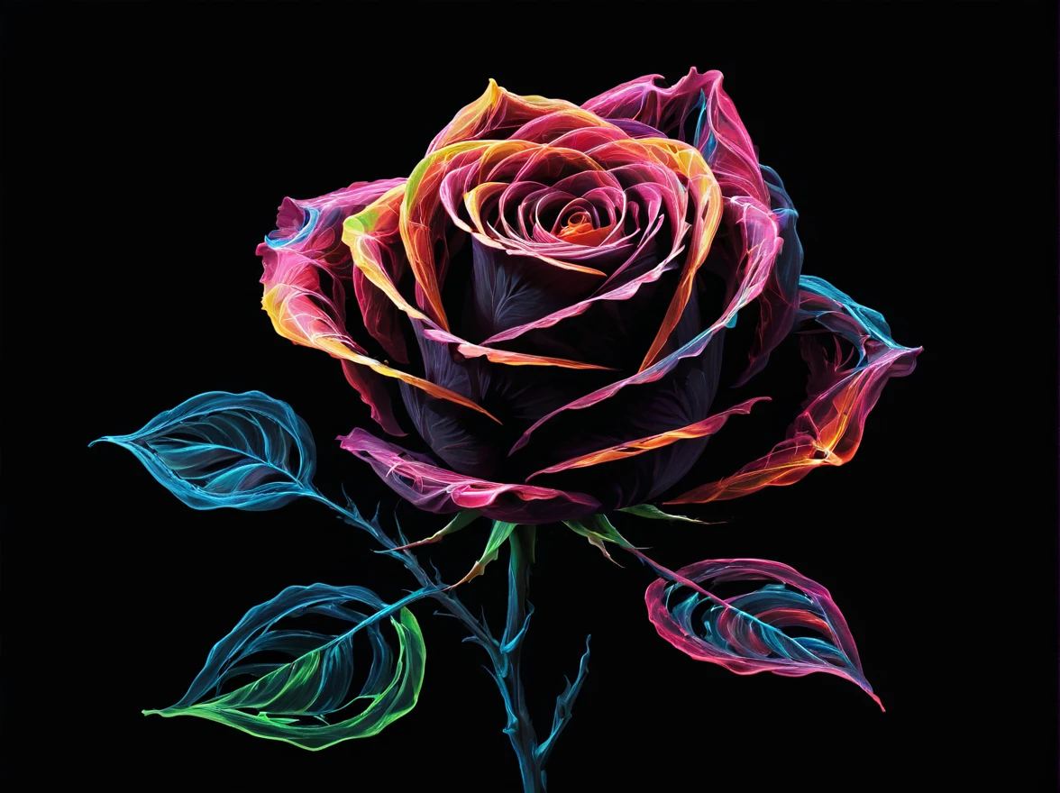 Abstract Painting, Black background, S1LK4RT Shape, Wavy lines of color create a silhouette image of a rose., Rose, Iridescent , neon lighting, neon, Color Anaglyph