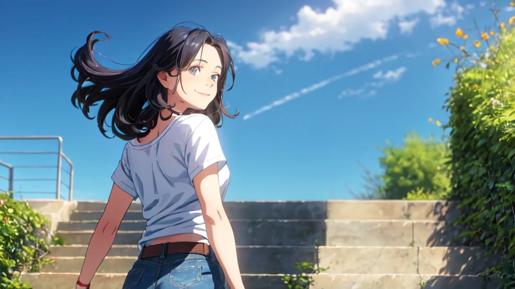 A lovely 18-year-old girl looking back at the midsummer blue sky with a smile,whole body,Black Hair,Detailed representation,Full of hope,My hair is blowing in the wind,Beautiful face立ち,Climbing the stairs,Beautiful face,White T-shirt and denim shorts,Detailed expression of facial expressions