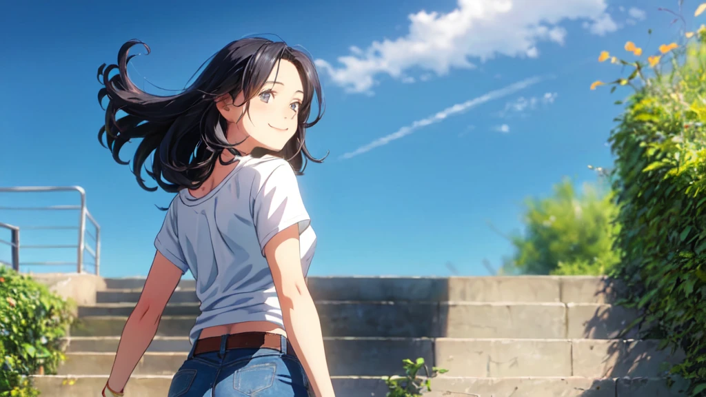 A lovely 18-year-old girl looking back at the midsummer blue sky with a smile,whole body,Black Hair,Detailed representation,Full of hope,My hair is blowing in the wind,Beautiful face立ち,Climbing the stairs,Beautiful face,White T-shirt and denim shorts,Detailed expression of facial expressions