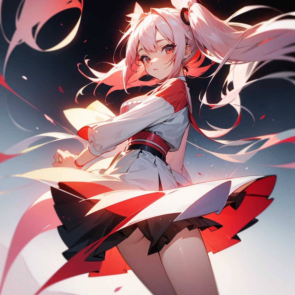young woman, short skirt, Anime, panties visible, red and white gradient hair,Twin Tail, girl's clothes match her hair color.