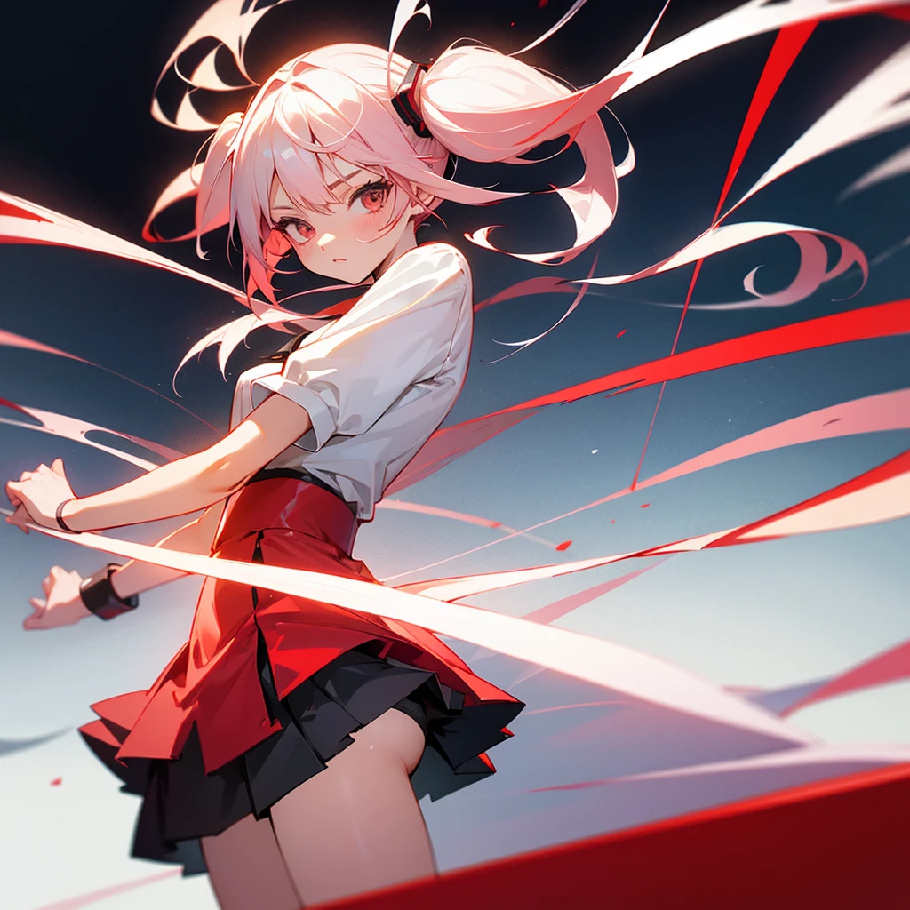 young woman, short skirt, Anime, panties visible, red and white gradient hair,Twin Tail, girl's clothes match her hair color.