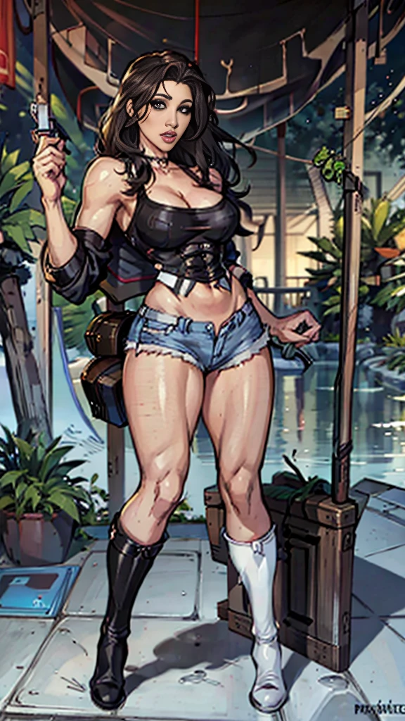 45 years old Juia Ann, revealing outfit, large breasts, attuned pose, cleavage, jeans shorts, white crop top, full body pose, black boots, medium length dark hair, backside pool