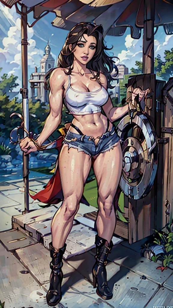 45 years old Juia Ann, revealing outfit, large breasts, attuned pose, cleavage, jeans shorts, white crop top, full body pose, black boots, medium length dark hair, backside pool