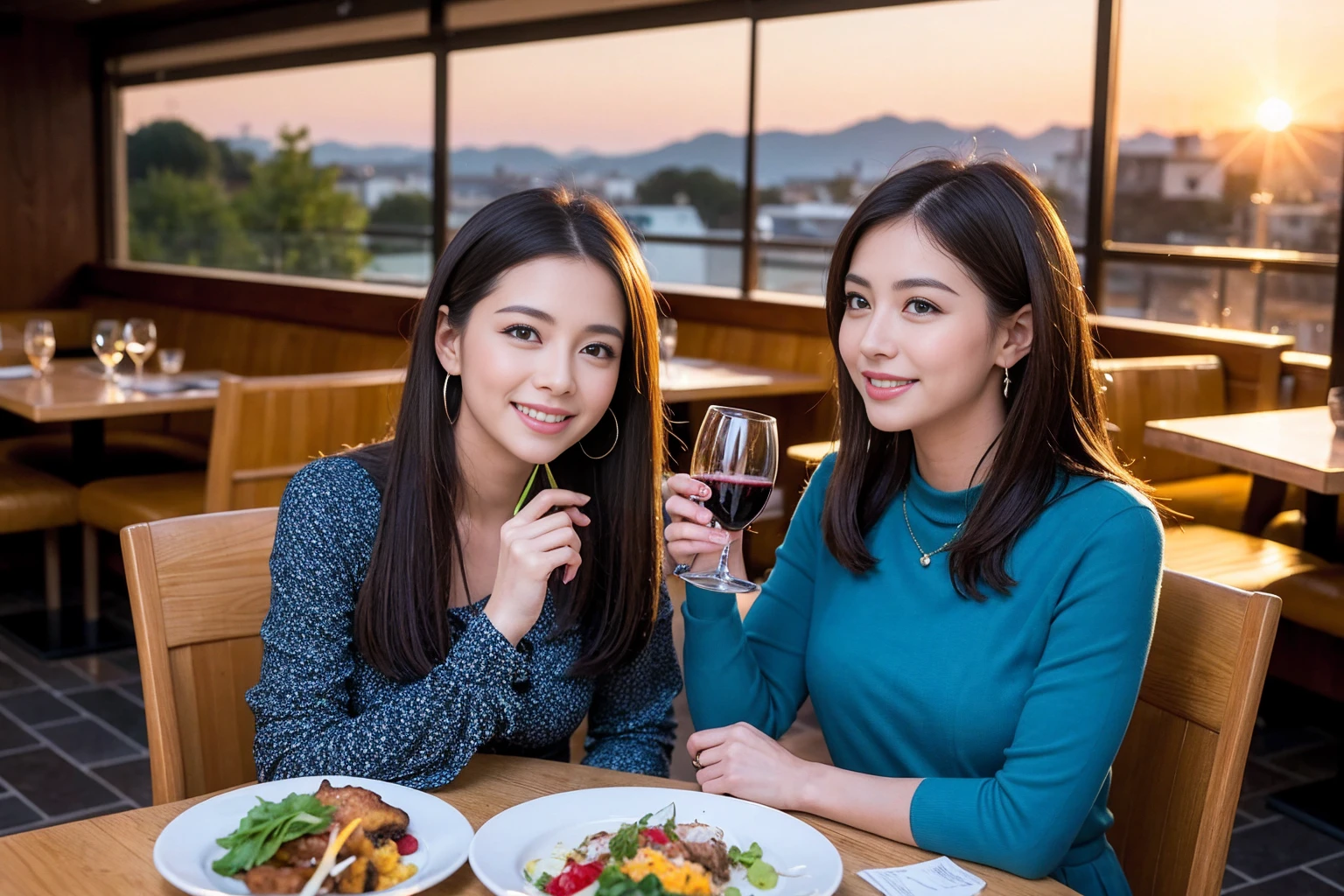 ((Highest quality、8K、masterpiece:1.3))、1 male 1 female、Slim Beauty、Beautiful couple、smile、full-course dinner、 (Slim face), (the body is スリム), (Brown Hair), (Shortcuts), ((Bob Hale、Straight hair:1.2)), テーブルの上のwine glass、Shine light on your face、 Amazing view of the sunset sky and clouds、smileの美しさ、Bright image、Blushing, Shortcuts, (Age 35), 39 years old, Appetizers、Italian food、Wine bottle、Champagne、sparkling wine、Long sleeve shirt、Blue Dress、Attractive beauty、restaurant, Nova Frog Style, actress, model, Upper Body, White wine, red wine, wine glass,