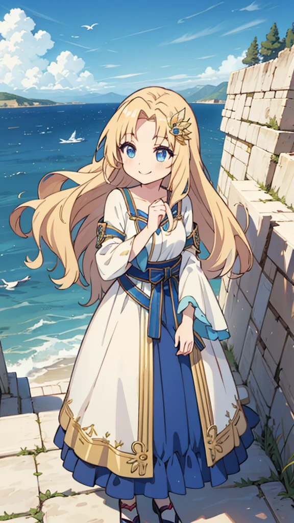 Highest quality、Highest quality、masterpiece、Detailed、4K、8K、One Woman、Aphrodite, the goddess of beauty in Greek mythology、Anime Style、Slender、Blonde wavy hair、blue eyes、Flower Hair Ornaments、smile、Big Eyes、輝くようなgraceな顔立ち、Dressed in classical Greek costume。Fantasy、beautiful、beautiful、grace、A beautiful woman、smile、Dignified、The background is the sea、blue sky、周りにはbeautiful白い鳥が飛んでいる、White Dove、Perfect hands、Perfect Arms、Perfect Fingers、Perfect Anatomy、Cel painting style