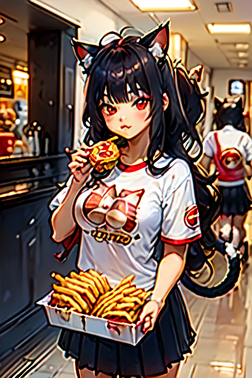 ((junkotvv black hair with bangs and cat ears, Red eyes)), )High school girl eating kfc burger wearing kfc print t-shirt, holding a KFC burger in one hand and KFC fries in the other