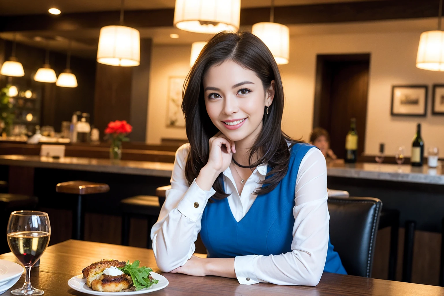 ((Highest quality、8K、masterpiece:1.3))、1 male 1 female、Slim Beauty、Beautiful couple、smile、full-course dinner、 (Slim face), (the body is スリム), (Brown Hair), (Shortcuts), ((Bob Hale、Straight hair:1.2)), テーブルの上のwine glass、Shine light on your face、 Amazing view of the sunset sky and clouds、smileの美しさ、Bright image、Blushing, Shortcuts, (44 years old), 39 years old, Appetizers、Italian food、Wine bottle、Champagne、sparkling wine、Long sleeve shirt、Blue Dress、Attractive beauty、restaurant, Nova Frog Style, actress, model, Upper Body, White wine, red wine, wine glass,