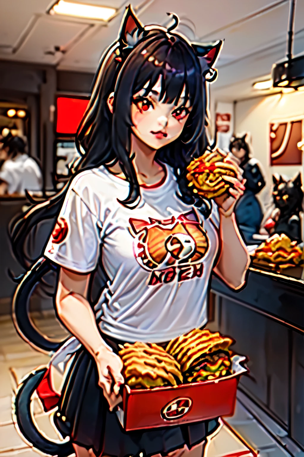 ((junkotvv black hair with bangs and cat ears, Red eyes)), )High school girl eating kfc burger wearing kfc print t-shirt, holding a KFC burger in one hand and KFC fries in the other