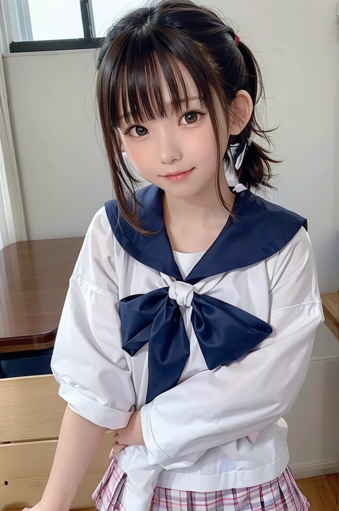One Girl、8-year-old、teen,((Sailor suit))、Primary school students,((Background is an elementary school classroom))、high quality、Very delicate and beautiful、((Very short bangs))、((Bangs))、Shiny, silky black hair、最high quality、Very delicate and beautiful、((ponytail))、Cute face、Young face、Cute like an idol、Are thin、Slim figure、slender、Short、 System、Sailor suit、smile、Checked Skirt、Thighs、Photographed from the front、bag、