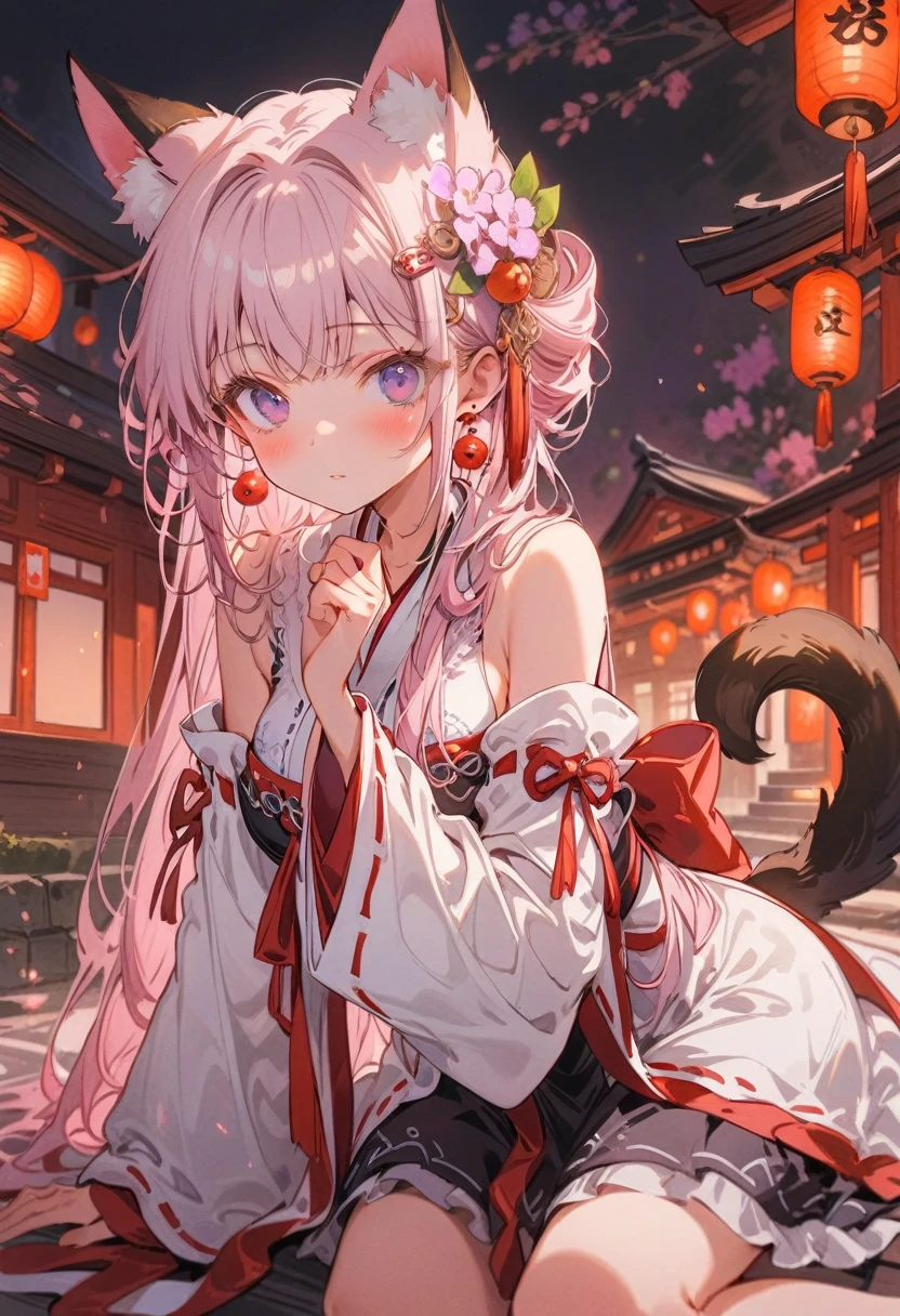 (best quality:1.4), high resolution, masterpiece,, 1 Girl,, Lilac hair, Purple Eyes, (Kemomimi), Medium breasts, Bare slender thighs,, Hair accessories, (Red|White Japanese shrine maiden costume), Separate sleeves,, blush,, lantern, shrine,, Delicate face,