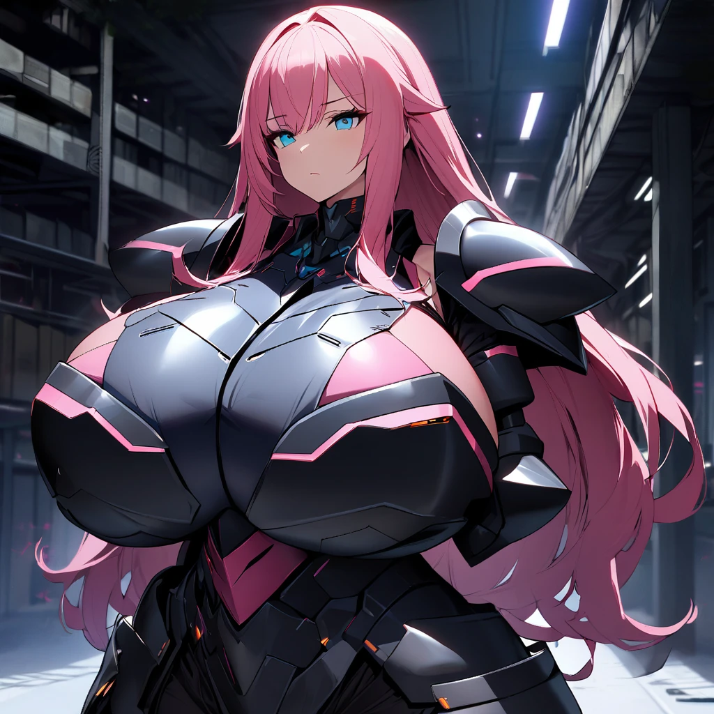 1girl,solo,pink hair color,long hair,light blue eyes,gigantic huge breasts,Wearing black sci-fi armor,Armor adheres closely to body lines,expressionless,Ruthless,close mouth,In a dimly lit warehouse,