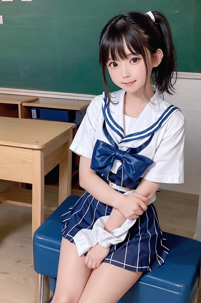 One Girl、-yold、t,((Sr suit))、Primary schod is an elementary school classroom))、high cate and beautiful、((Very short bangs))、((Bangs))、Shiny, silky black hair、最high quality、Very delicate and beautiful、((ponytail))、Cute face、Young face、Cute like an idol、Are thin、Slim figure、slender、Short、 System、Sailor suit、smile、Checked Skirt、Thighs、Photographed from the front、bag、Are standing、