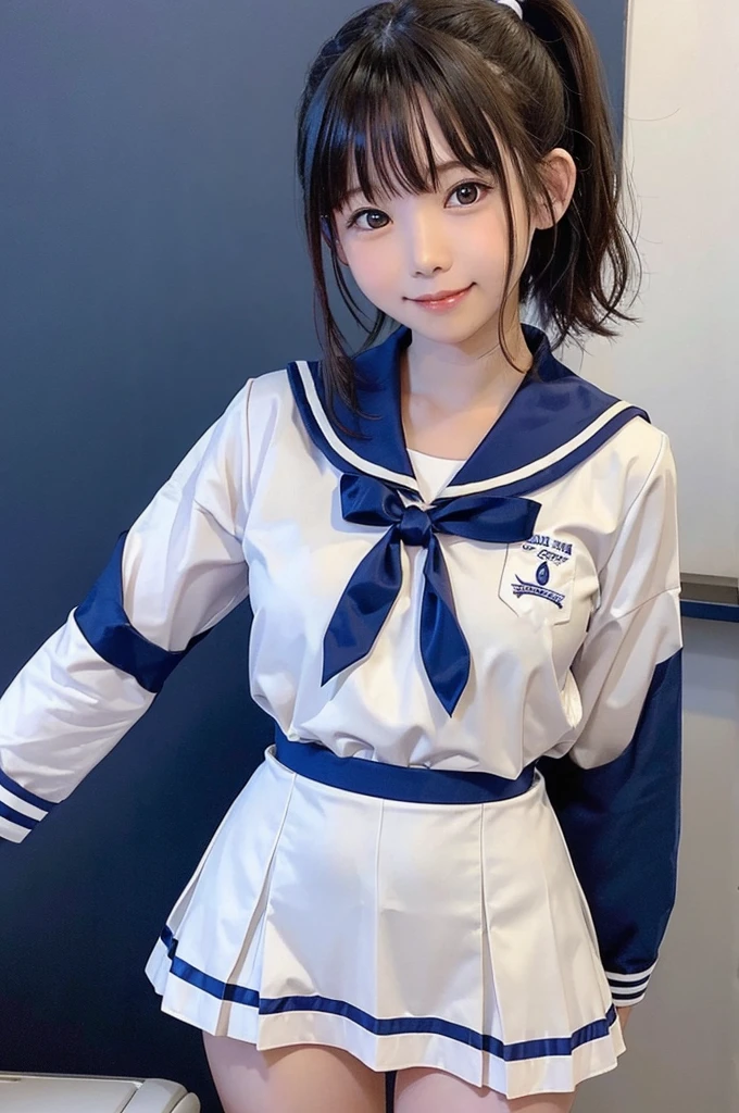 One Girl、8-year-old、,((Sailor suit))、Primary school students,((Background is an elementary school classroom))、high quality、Very delicate and beautiful、((Very short bangs))、((Bangs))、Shiny, silky black hair、最high quality、Very delicate and beautiful、((ponytail))、Cute face、Young face、Cute like an idol、Are thin、Slim figure、slender、Short、 System、Sailor suit、smile、Checked Skirt、Thighs、Photographed from the front、bag、Are standing、
