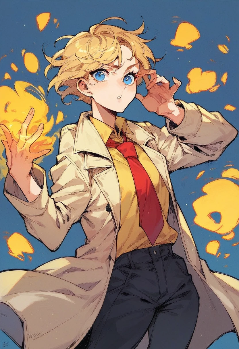 female John Constantine, short blonde hair, blue eyes, trench coat, red tie, yellow magic, white button up shirt, black pants