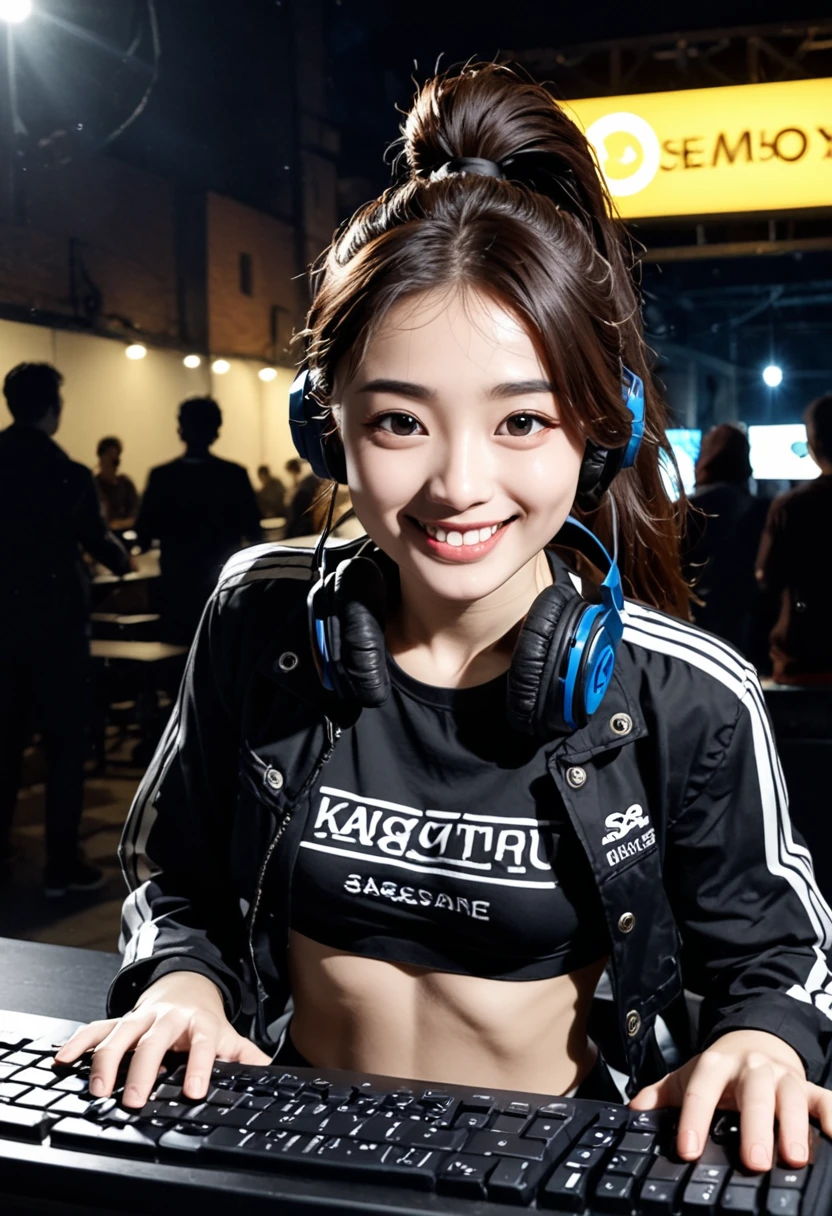(1 girl、A dark-haired、straight haired、ponytail, hair adornments、ssmile、A smile、、cute face)、sage jacket、crop top, Black pants、full body Esbian、camera view、Turntables on both sides of the mixer console、masterpiece、top-quality、nffsw、Portrait with headphones around the neck(((Play the keyboard)))、The audience gets excited、stage, score_9,score_8_up,score_7_up,fine details in everything,KOREAN,KPOP, portrait,(shadows:1.4),night,Dark Alleyways,o-ring, keyboardist