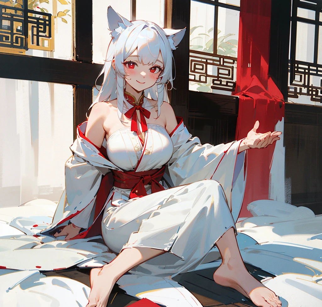 4K,masterpiece,best quality,Traditional Chinese ink painting,White hair, red pupils, dog ears, big breasts beauty,barefoot,Wearing an ancient white robe,The robe has lace on it,Gold bells tied with red ropes on ankles and neck,Sitting gracefully on the bed by the window at dusk,Dress conservatively,Smile,Off-shoulder,No legs