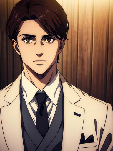 best quality,4k,8k,highres,masterpiece:1.2),ultra-detailed,(realistic,photorealistic,photo-realistic:1.37), a young man , mappa art style, heart-shaped face with sharp jawline, brown almond-shaped eyes with positive canthal tilt , dark brown hair color, his hair is short unique well styled , he looks handsome, he is fair, he has well built body, he is wearing white colour wedding three piece suit, he is slightly smiling, behind him a cabin