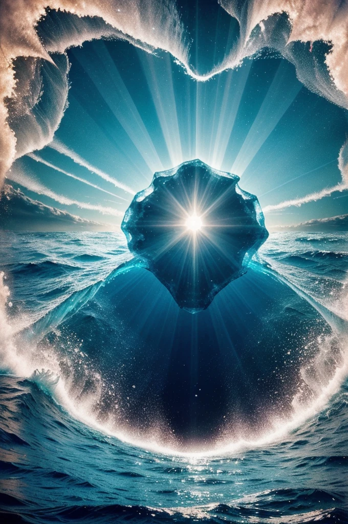 A deep ocean image shows fear but also a ray of hope. The text on it says "DEEP WATER: A HUMAN TAPESTRY". Image is for background which has ocean a mind filled with fear and darkness in the ocean and a Sunray as a hope. Keep it aesthetic with subtle pastel colours and less elements 