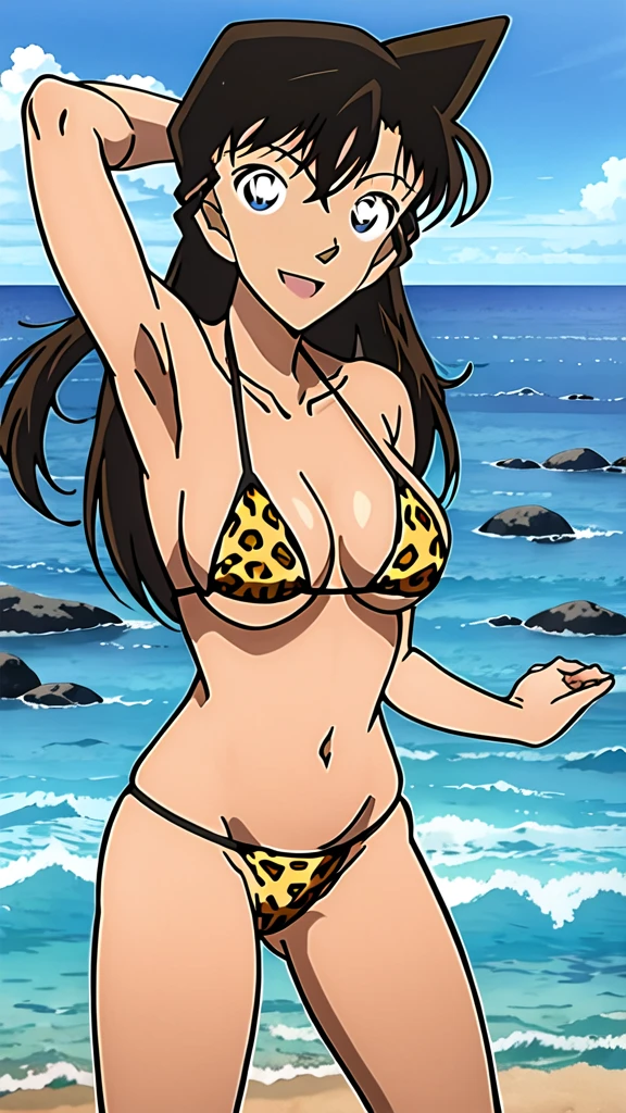 (masterpiece, 4K, Highest quality, anime style: 1.9, Detailed face, Lovely, Ocean,bold, High resolution, anime, alone, Curvaceous, Thighs, Cleavage, Center of chest, smile, Please open your mouth wide, Very slim belly, Cowboy Shot,Leopard print bikini,1 Girl, Detective Conan,Maorilan,Hands behind head,Squat