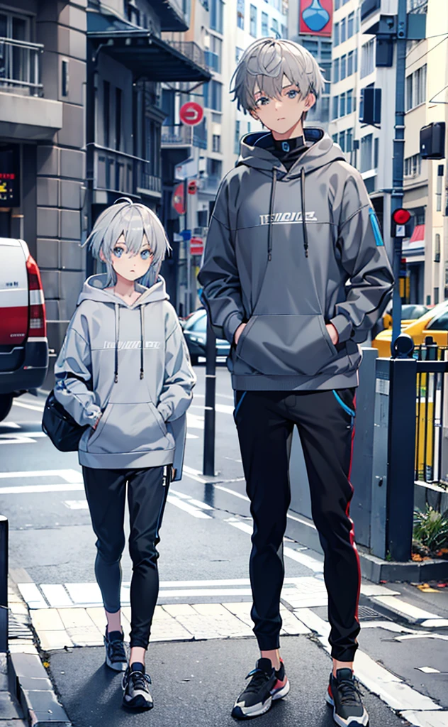 Gray Hair，Gray hoodie，Blue Eyes，trousers，Technology