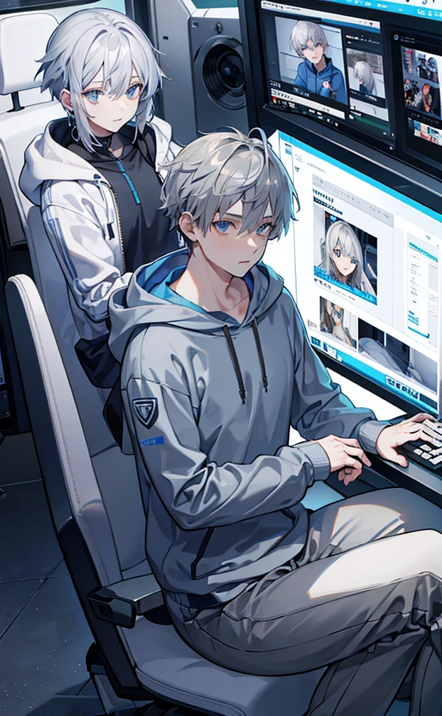 Gray Hair,Gray hoodie,Blue Eyes,trousers,Technology