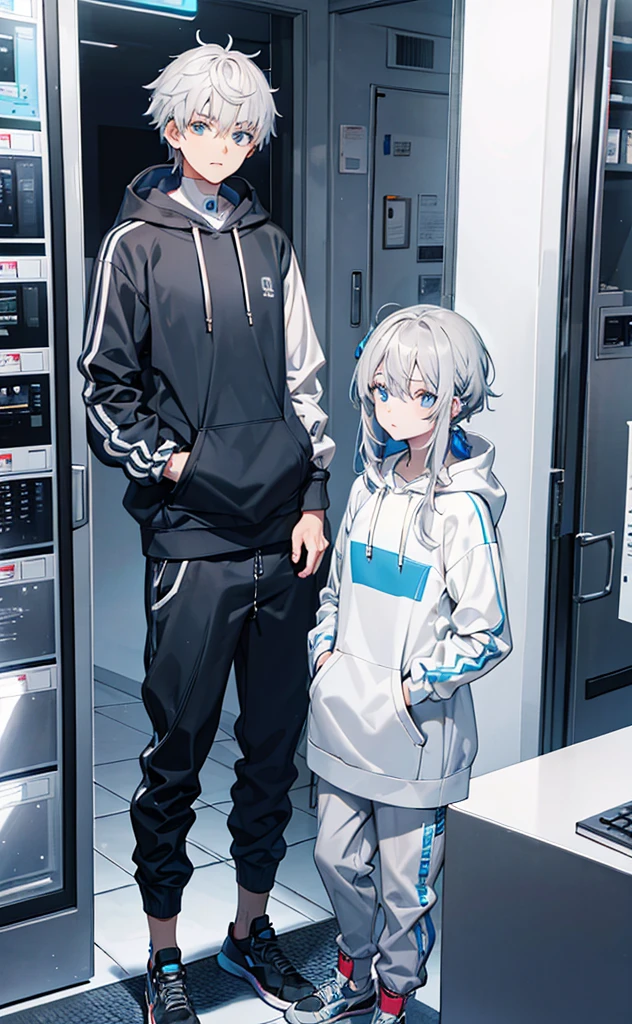 Gray Hair,Gray hoodie,Blue Eyes,trousers,Technology