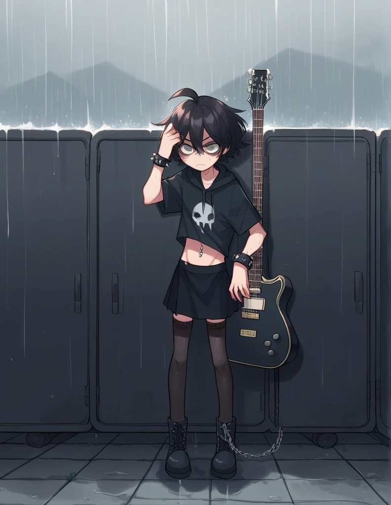 1 girl, alone, ppka, black fur, short hair, messy fur, Ahoge, parts, parts por todo el cuerpo, grey eyes, blind, he would be, a little frustrated, Looking through the window, looking at the rain, tired look black miniskirt, completely black skirt, black boots, Thigh High Stockings, white and black stockings, chains on the skirt, exposed navel, navel piercing, black sweatshirt, demon print sweatshirt, spiked bracelets, shadows in the eyes, black shadows, chains on the neck, Nose piercing, guitar case, guitar case_ in the back, guitar case in the back, headphones, listening to music, Waiting for the bus, storm, Emo, getting wet from the rain, popoka perspective (poka perspective)