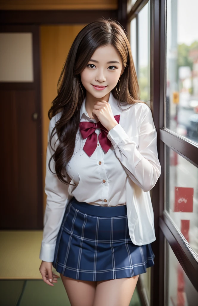 high quality, 最high quality, Realistic, RAW Photos, Realistic, Ultra-realistic 8K CG, Super detailed, High resolution, masterpiece, 1 Japanese girl, 18-year-old, Beautiful face of a woman, Soft Face, elegant, Long Hair, blue eyes, Intricate details, Detailed Texture, Fine details , Natural female body, sexy, Super big breasts、Very beautiful young woman、smiling、JK uniform、Ultra mini skirt、Full body shot down to the feet、On the way to take off the skirt