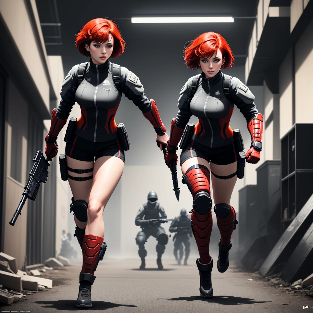 Combat Actions, Holding Weapons, Full Body,RED SHORT HAIR, Super Sexy ,ultra-detailed, ((High resolution)),((high detailed))